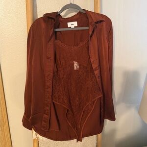Vici Brown Lace Bodysuit with Silk Blouse